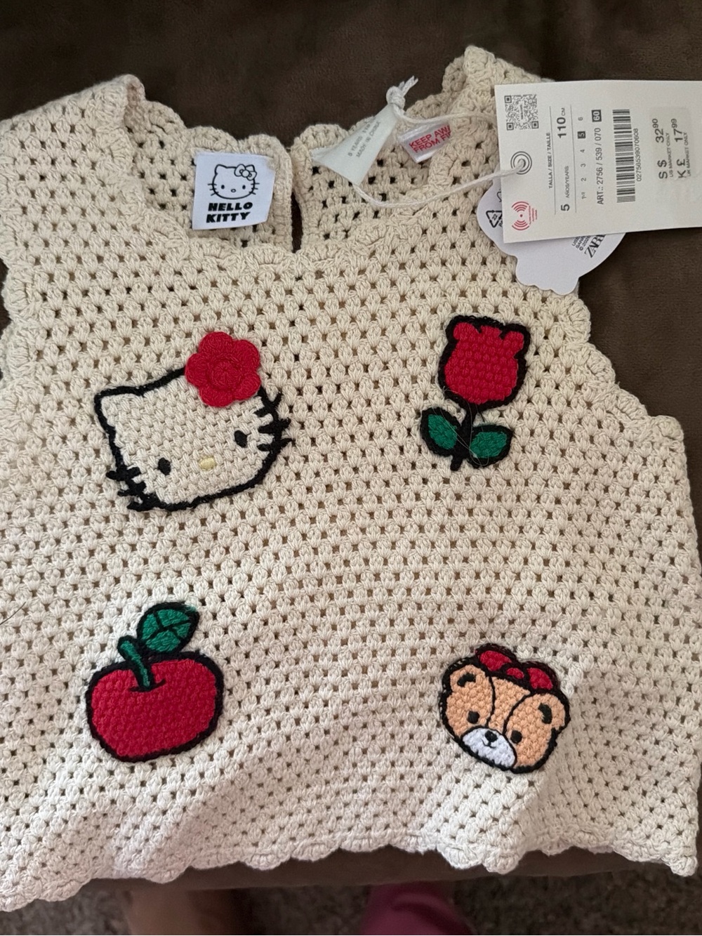 Zara Cream Crochet Hello Kitty Appliqué Hair Vest with Red Accents